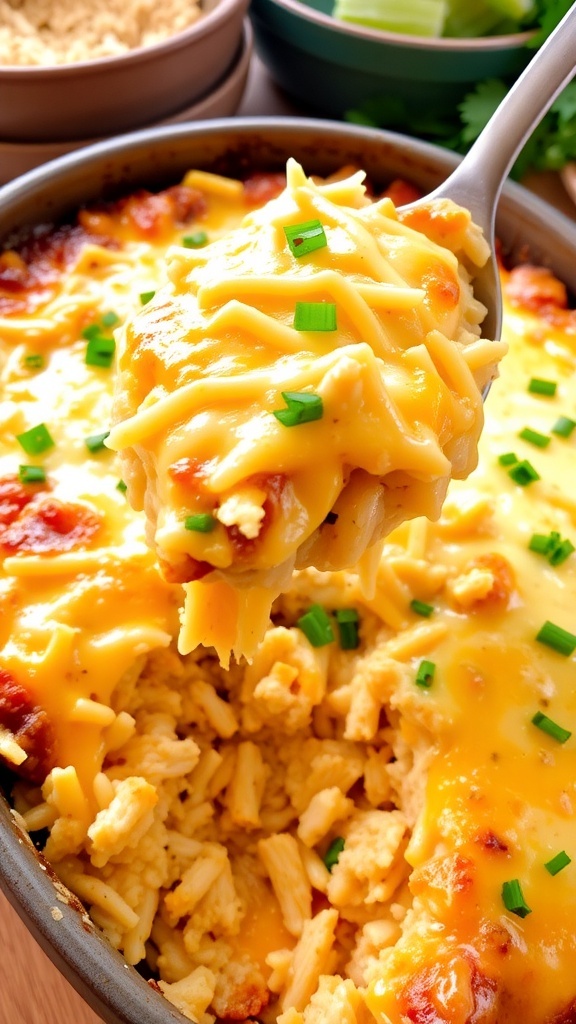 Cheesy chicken and rice casserole in a rustic dish, garnished with parsley, ready to serve.